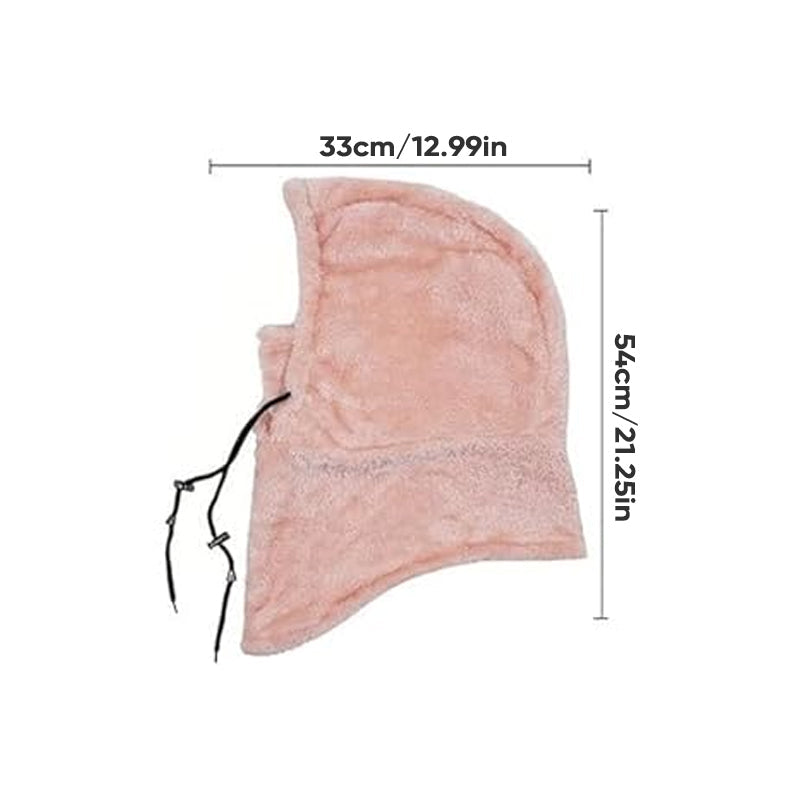 Fleece balaclava face cover with neck warmer, light pink; side view dimension diagram.