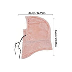 Fleece balaclava face cover with neck warmer, light pink; side view dimension diagram.