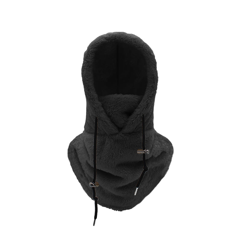 Fleece-lined winter face cover hood with neck warmer, black with drawstring ties.