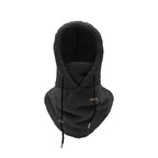 Fleece-lined winter face cover hood with neck warmer, black with drawstring ties.