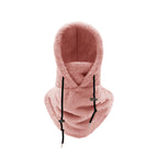 Fleece balaclava with neck warmer and face opening, soft pink with drawstring ties.