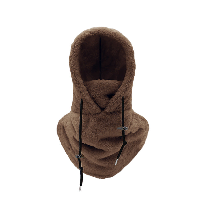 Fleece-lined winter hat balaclava with neck warmer, tan/brown hood with drawcords.