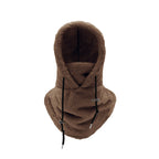 Fleece-lined winter hat balaclava with neck warmer, tan/brown hood with drawcords.