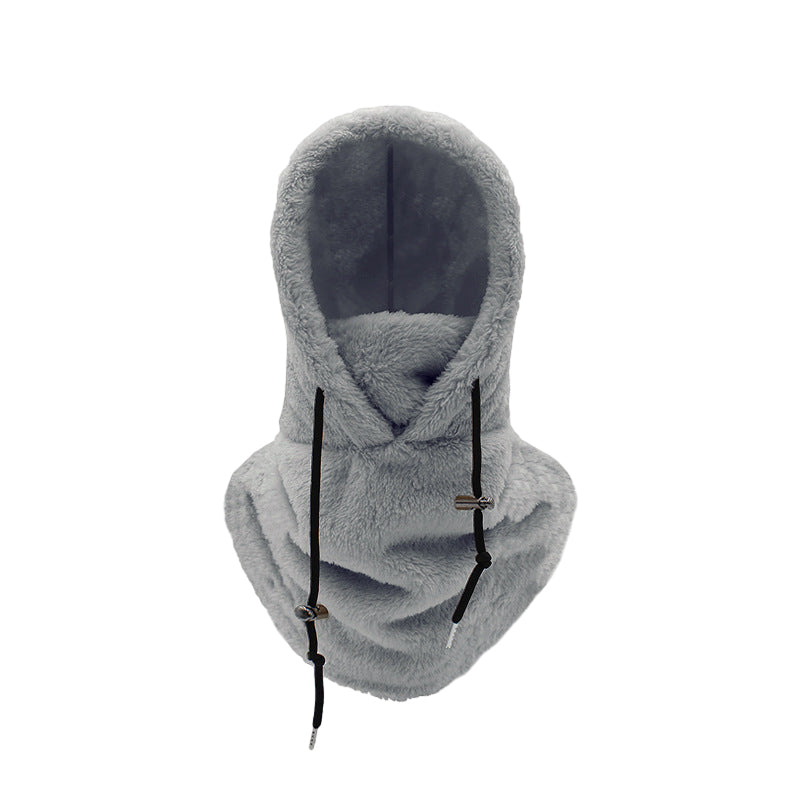 Fleece winter face cover hood with neck warmer, light gray with drawstring ties.