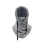 Fleece winter face cover hood with neck warmer, light gray with drawstring ties.