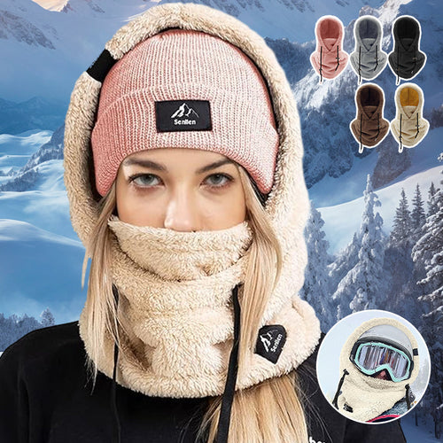 Pink knit beanie with beige fleece balaclava face cover, drawcord ties, logo patch