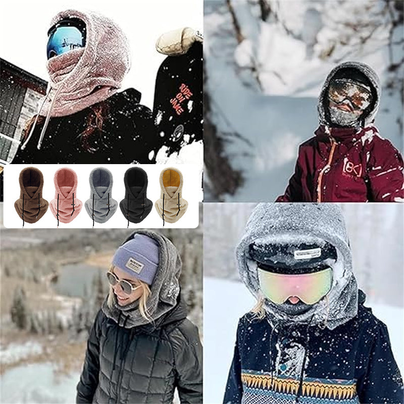 Fleece-lined balaclava beanies in assorted colors, each with face cover and drawcord ties