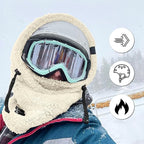 Beige fleece balaclava hood with face cover, secured with drawcord ties