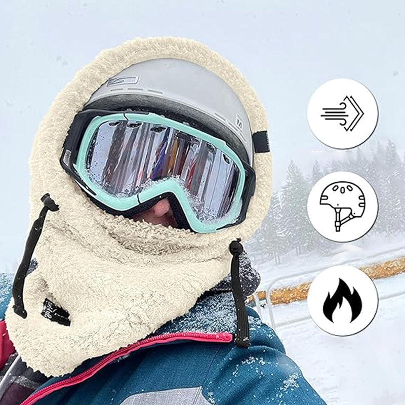 Beige fleece balaclava hood with face cover, secured with drawcord ties