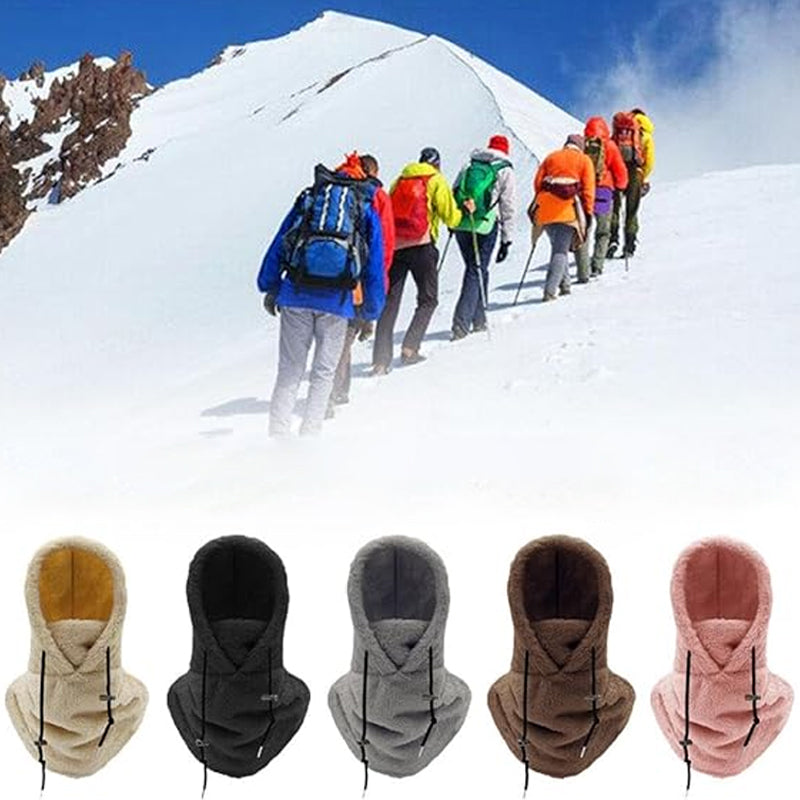 Fleece-lined balaclava beanies set in multiple colors, with face cover and drawcord ties