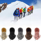 Fleece-lined balaclava beanies set in multiple colors, with face cover and drawcord ties