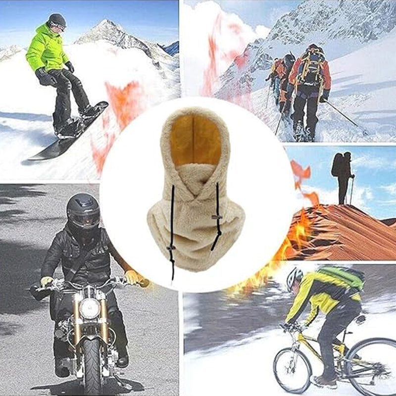 Beige fleece balaclava beanie with hood and face cover, with drawcord ties