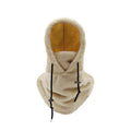 Beige fleece-lined balaclava beanie with face cover and hood, with drawcord ties