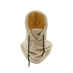 Beige fleece-lined balaclava beanie with face cover and hood, with drawcord ties