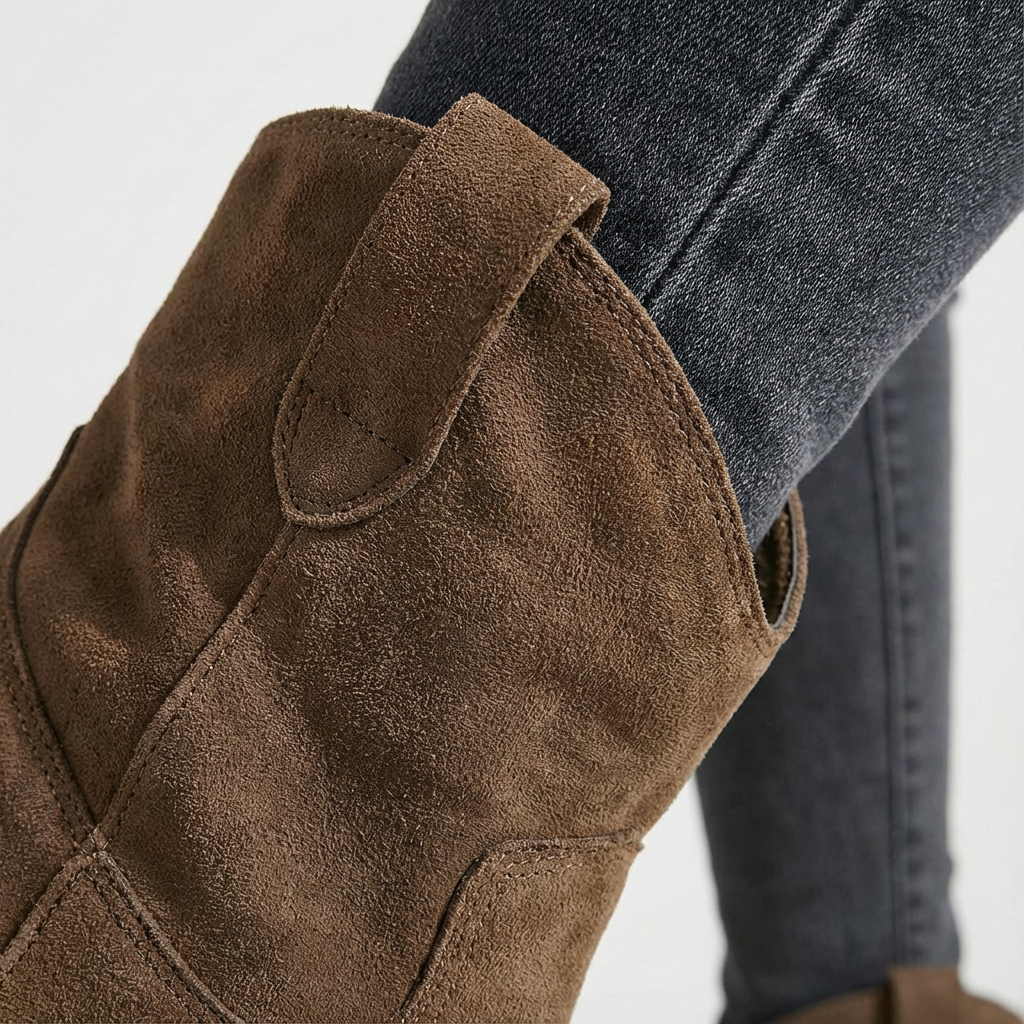 Brown suede ankle boot upper with side elastic panel and pull tab