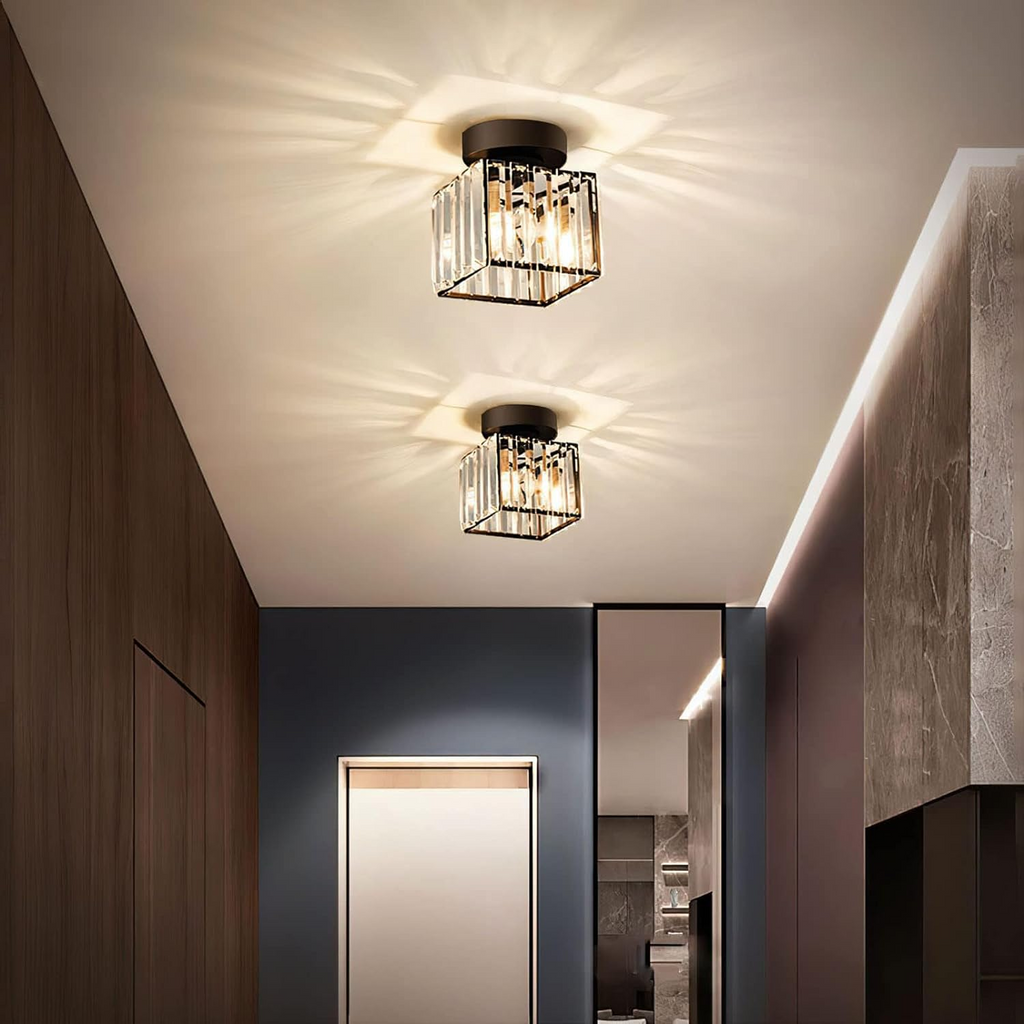Black crystal flush mount ceiling lamp with clear prism panels and warm bulbs, square