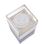 White keepsake gift box with clear top window and white artificial rose centerpiece