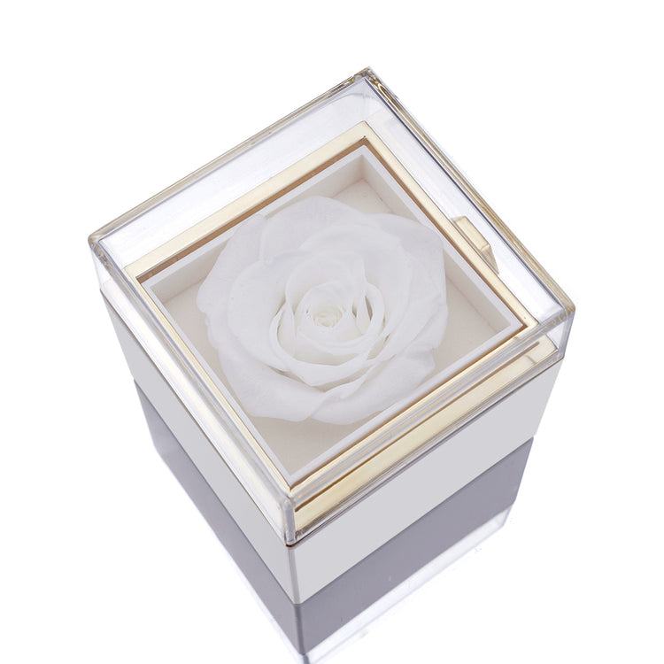 White keepsake gift box with clear top window and white artificial rose centerpiece
