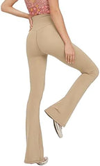 Women’s high-waisted flared yoga leggings in beige, leg and bell flare detail