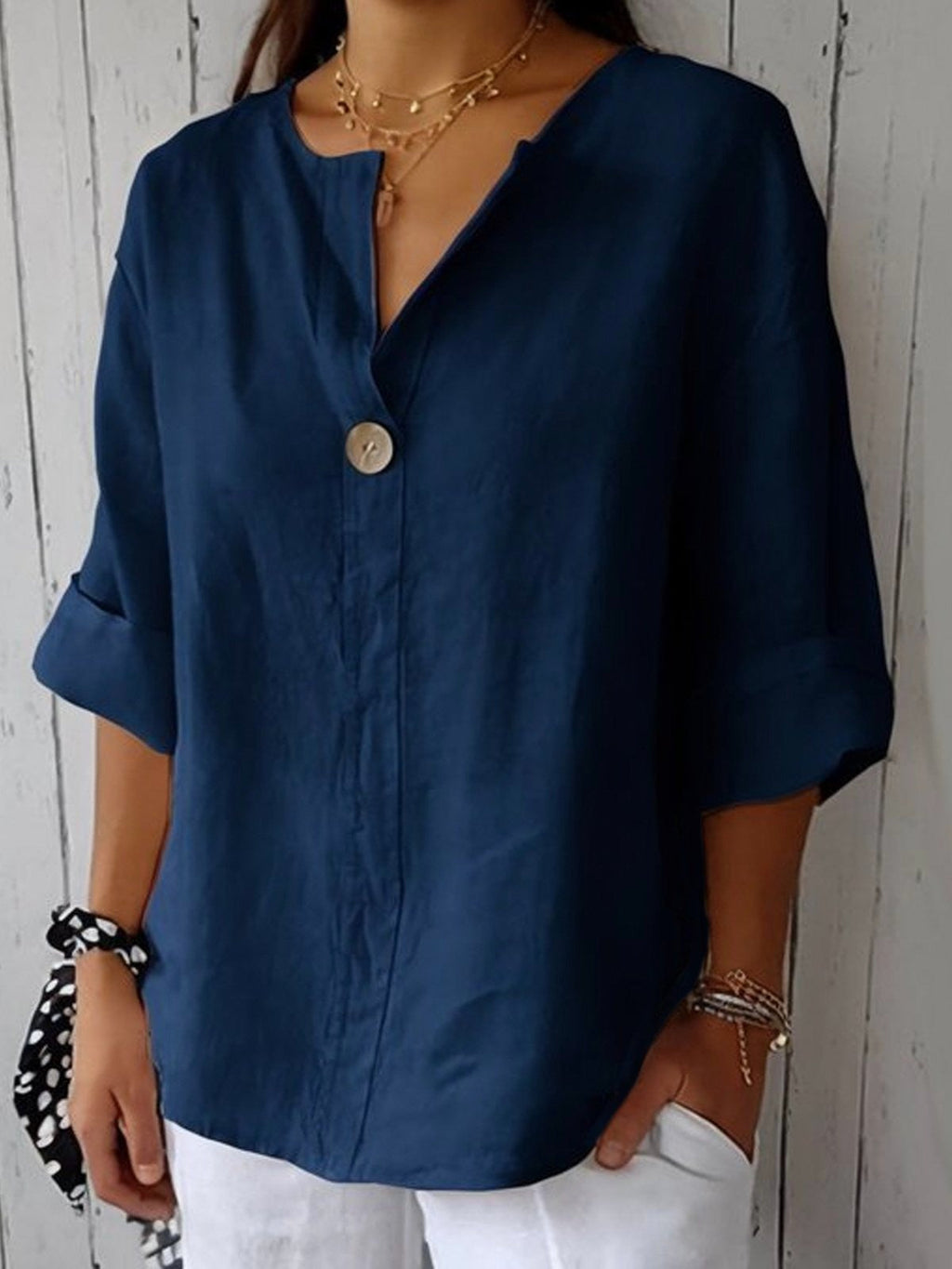 Navy cotton loose-fit blouse, 3/4 sleeves, single-button V-neck placket