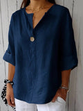 Navy cotton loose-fit blouse, 3/4 sleeves, single-button V-neck placket