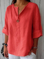 Red cotton loose-fit blouse, 3/4 sleeves, single-button V-neck placket