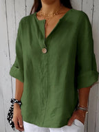 Green cotton loose-fit blouse, 3/4 sleeves, single-button V-neck placket