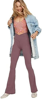 Women’s high-waisted flared yoga leggings in mauve, full-length side view