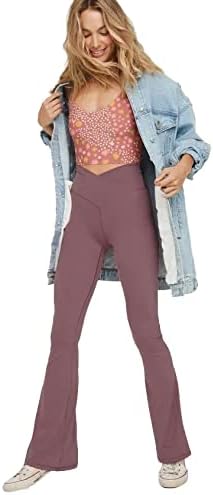 Women’s high-waisted flared yoga leggings in mauve, full-length side view