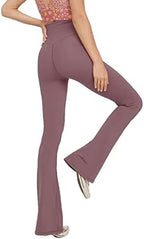 Women’s high-waisted flared yoga leggings in mauve, leg and flare detail