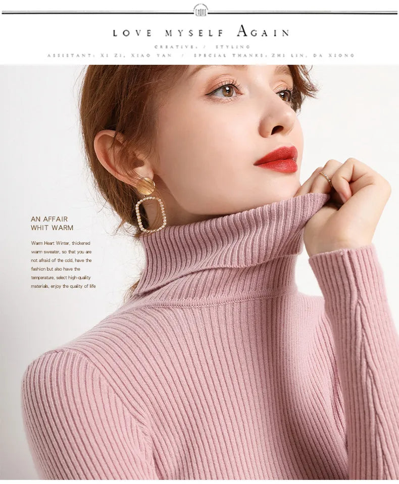 Mauve ribbed turtleneck sweater with long sleeves and high rolled collar