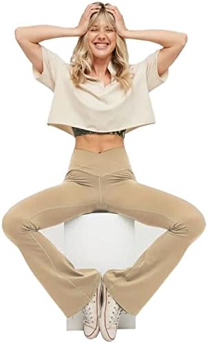 Women’s high-waisted flared yoga leggings in beige, model wearing yoga pose