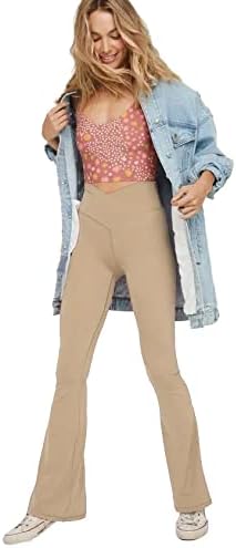 Women’s high-waisted flared yoga leggings in beige, full-length side view