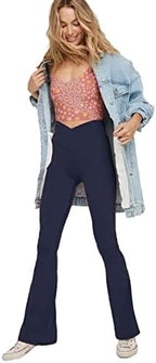 High-waisted flared yoga leggings, dark navy bootcut pants with smooth stretch fit