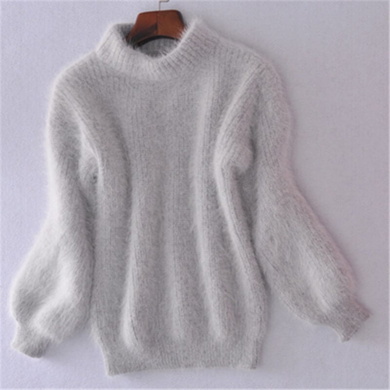 Light gray loose knit wool sweater with high neck and wide long sleeves