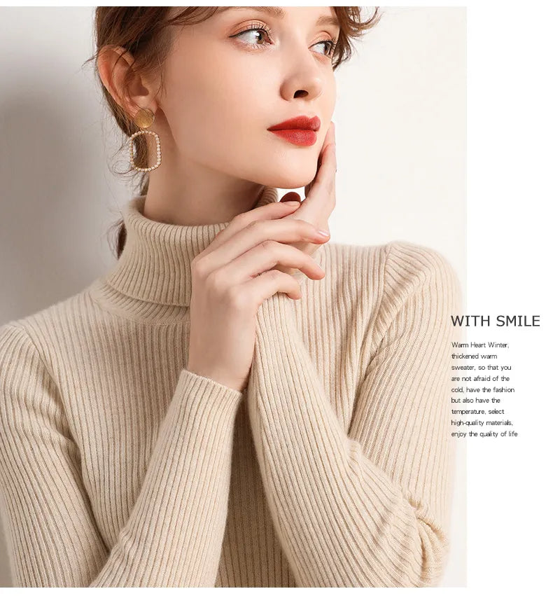 Beige ribbed turtleneck sweater with long sleeves and high collar