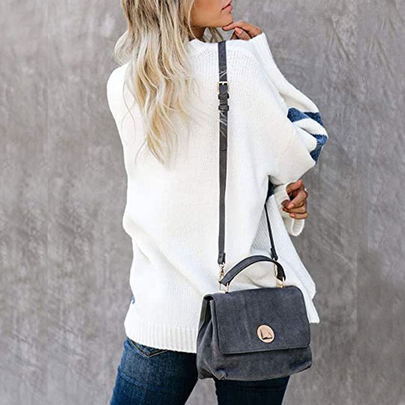 Women’s striped colorblock sweater, white with blue blocks, long sleeves