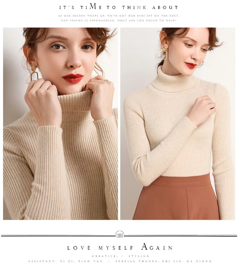 Cream ribbed turtleneck sweater with long sleeves and fitted neckline