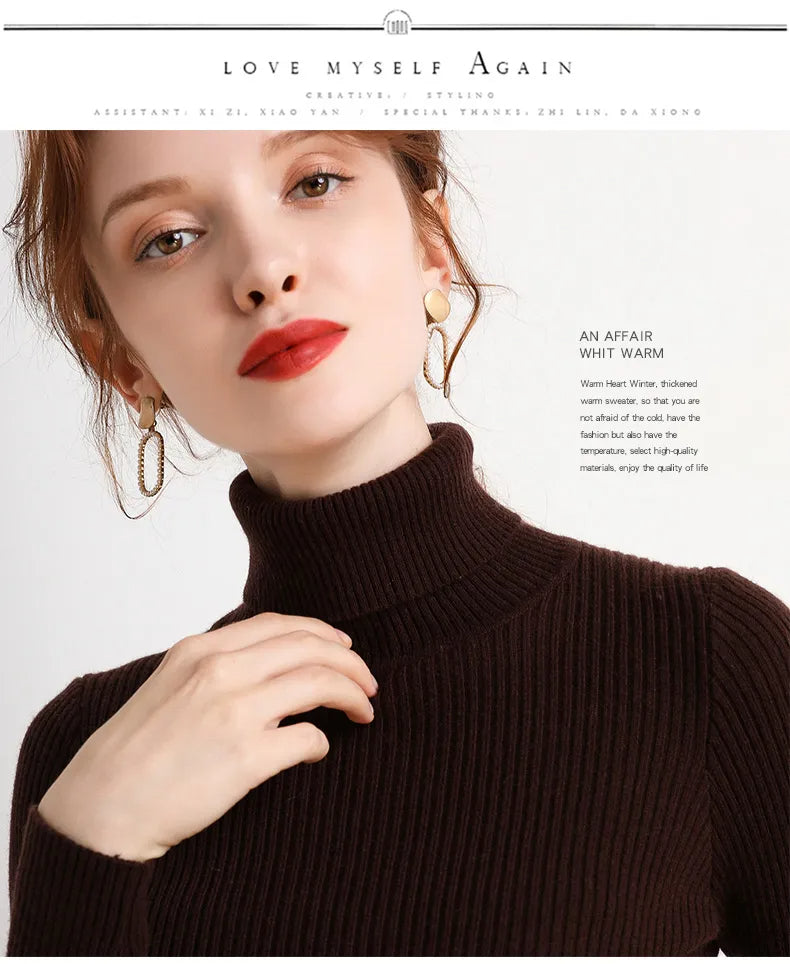Dark brown ribbed turtleneck sweater with long sleeves and high collar