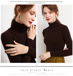 Dark brown ribbed turtleneck sweater with long sleeves and high rolled collar