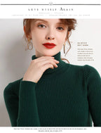 Dark green ribbed turtleneck sweater with long sleeves and high collar