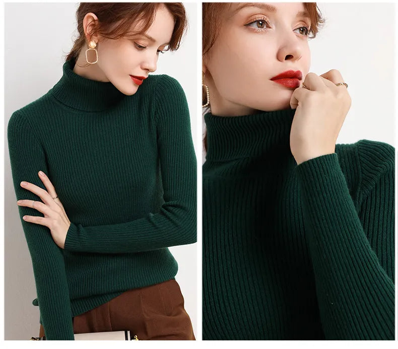 Dark green ribbed turtleneck sweater with long sleeves and a close-fitting high neck.