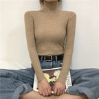 Tan ribbed turtleneck sweater with long sleeves and a fitted high collar.
