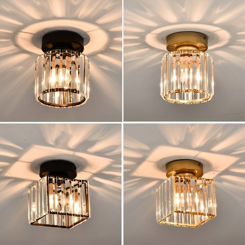 Crystal flush mount ceiling lamp variants in black and gold, round and square styles