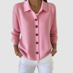 Women’s button-up V-neck knit cardigan with lapel collar, long sleeves, pink
