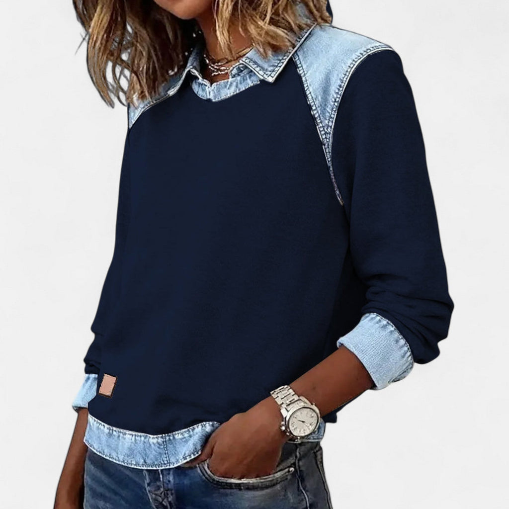 Women's navy sweater with denim-look layered collar and long sleeves