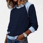 Women's navy sweater with denim-look layered collar and long sleeves
