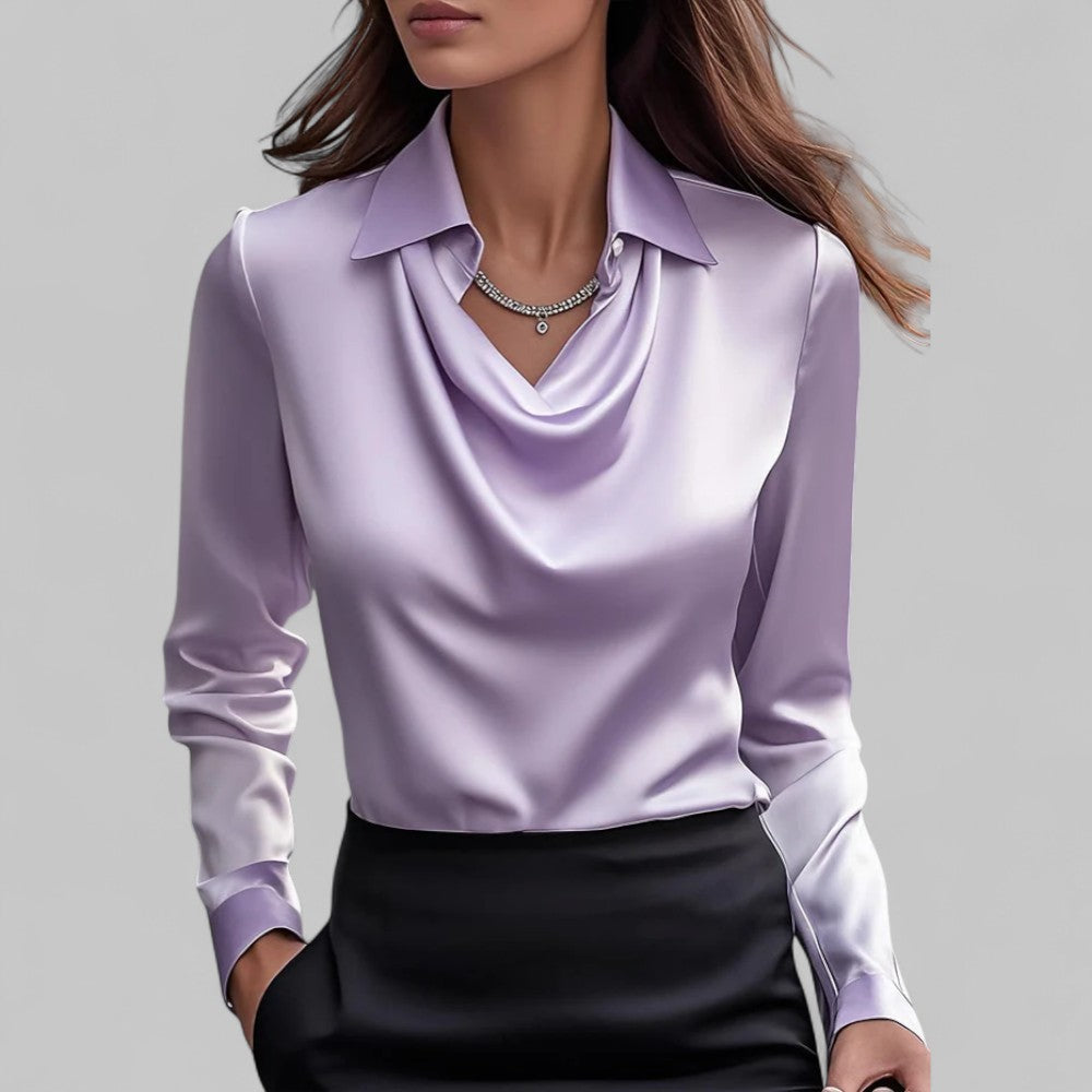 Silk blouse with draped V-neck and tailored fit, satin sheen, long sleeves, purple