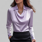 Silk blouse with draped V-neck and tailored fit, satin sheen, long sleeves, purple