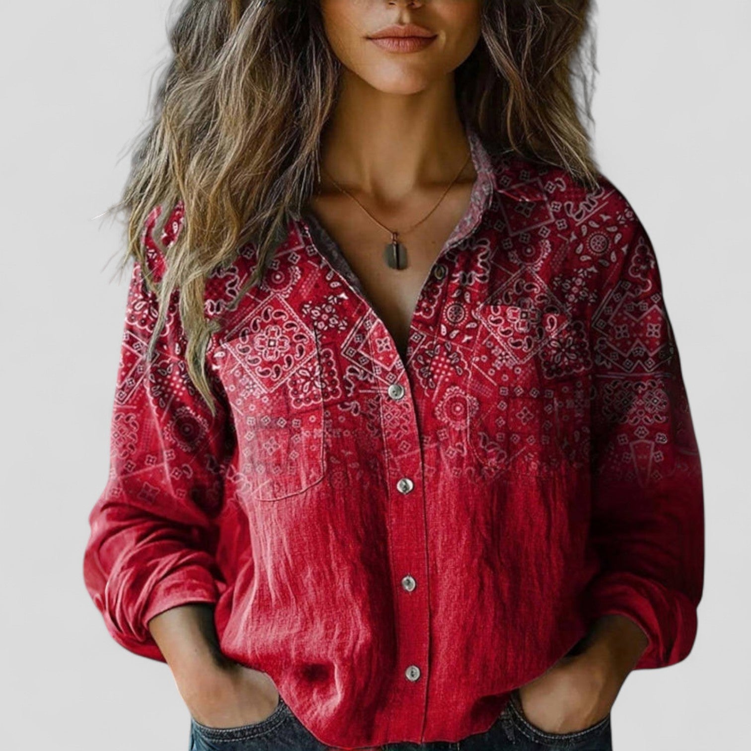 Red patterned blouse shirt with button front and long sleeves